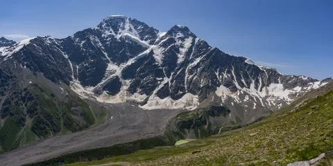 Panoramic view of Glacier Seven on mount Donguzorun. Panoramic view from Cheget Stock Photos