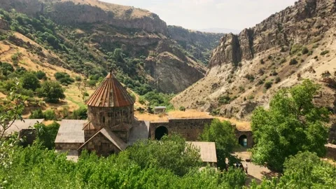 Panoramic view Gndevank monastery with mountains background. Historical sight Stockbeeldmateriaal 162324260