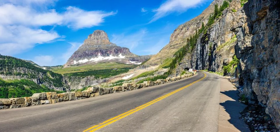 Panoramic view of Going-To-The-Sun road in Glacier National Park, Montana. Stock Photos