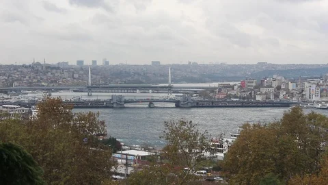 Panoramic View to the Golden Horde during Rainy Weather. Ships, Bridge. 스톡 동영상 85982626