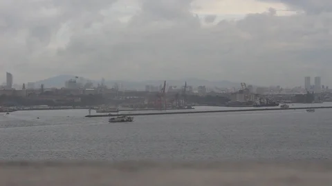 Panoramic View to the Golden Horde during Rainy Weather. Ships, Bridge. Stock-Footage 85982643
