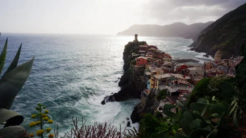 Panoramic view in golden light the seaside village of Vernazza Stock Footage 247516319