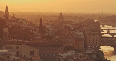 Panoramic view of golden sunset of Florence with silhouettes of mountains in Stock Footage 122959328