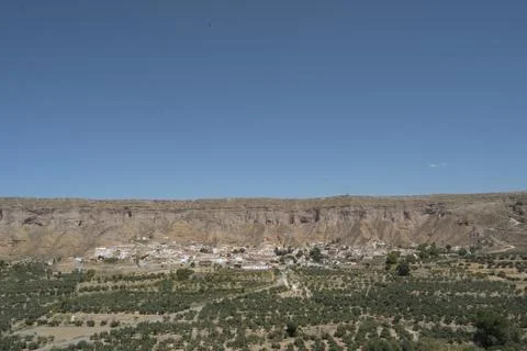 Panoramic view of Gorafe with badlands mountains a sunny day, Granada, Spain Stock Photos