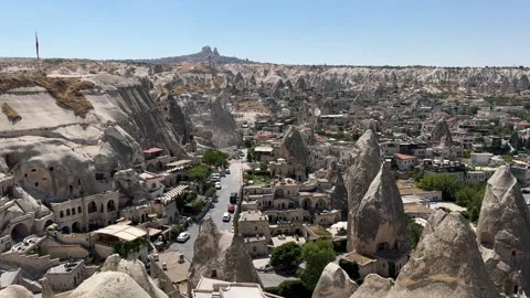 Panoramic view of Goreme town with tuff rocks in Cappadocia, Turkey. Stock Footage 346510018
