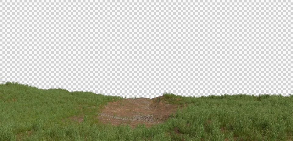 A panoramic view of a grassy field with a patch of bare earth Stock Photos
