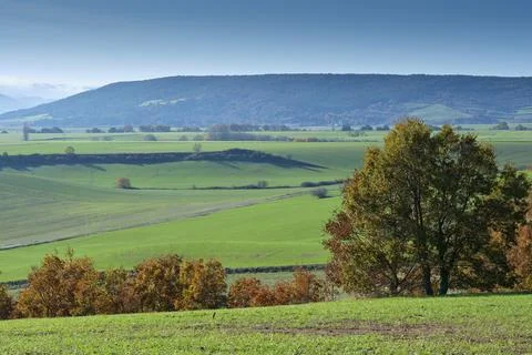 Panoramic view of green fields and autumn trees, Allin Valley, Navarra, Spain Stock Photos