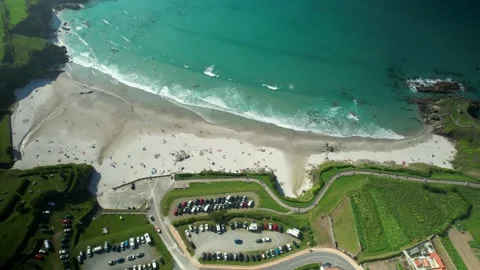 Panoramic View Of Green Meadow, Forest, Blue Sky, And Ocean Stock Footage 232594870