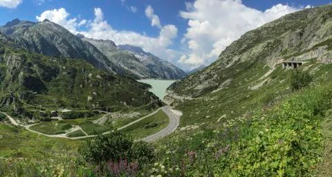 Panoramic view of the Grimselpass valley. Stock Photos