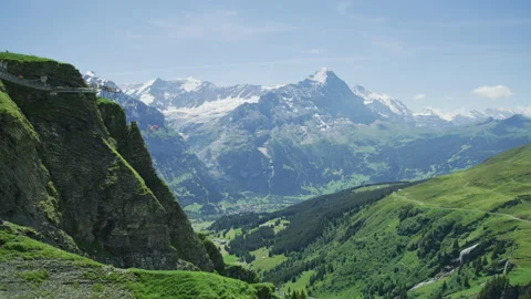 Panoramic view of Grindelwald First and Swiss Alps Video stock 219708754