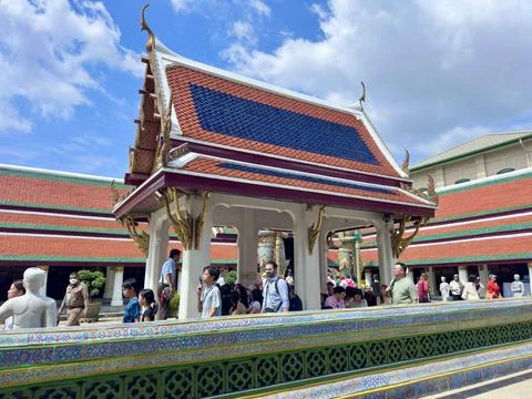 Panoramic view of the grounds with stupas and iconic curved temple roofs Stock Photos