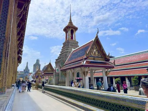 Panoramic view of the grounds with stupas and iconic curved temple roofs Stock Photos