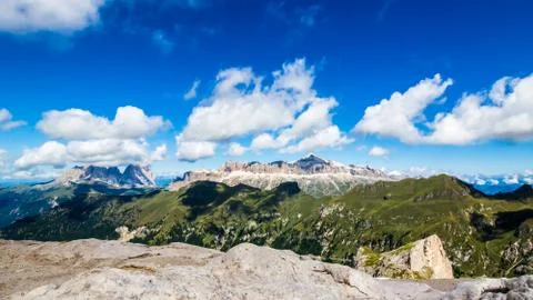 Panoramic view of the groups of Sella and Langkofel, massifs in the Dolomites Stock Photos
