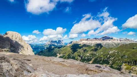 Panoramic view of the groups of Sella and Langkofel, massifs in the Dolomites Stock Photos