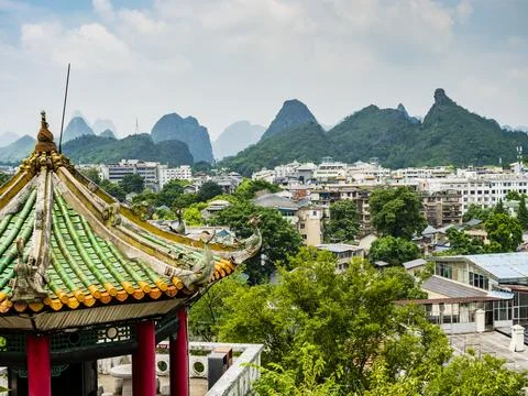 Panoramic view of Guilin and its karst mountains from Fubo Hill, Guangxi, China Stock Photos