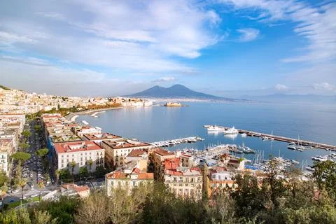 Panoramic view of the Gulf of Naples, Mount Vesuvius in the background.  Stock Photos