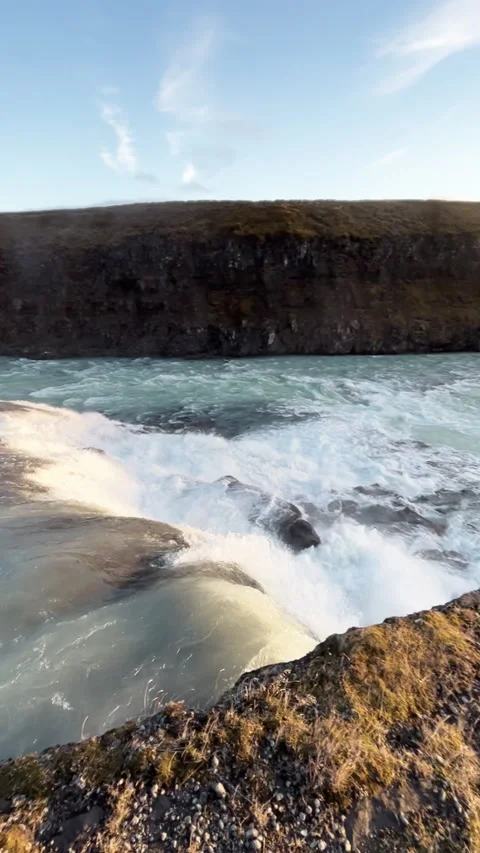 Panoramic view of Gullfoss waterfall in Iceland at sunset. Vertical video. Stock Footage 225743301