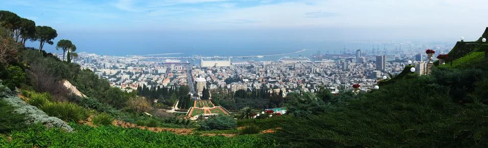 Panoramic view to Haifa and Terraces of Bahai Faith from mount Carmel, Israel Stock Photos