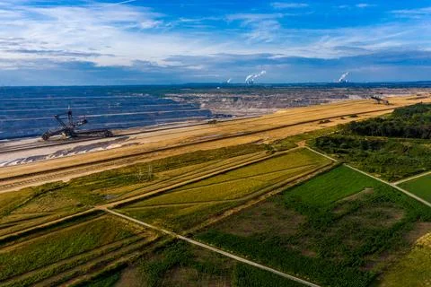Panoramic view of Hambach surface mine and Hambach Forest, Germany. Stock Photos