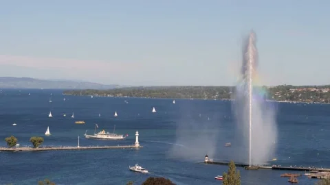 Panoramic view of the harbour of Geneva lake and the Jet d'Eau Stock Footage