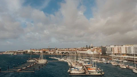 Panoramic view of harbour with yachts in Ponta Delgada, Sao Miguel, Azores Stock Footage 97722148
