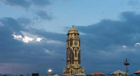 Panoramic View of Haridwar Clock Tower and Evening Sky at Har Ki Pauri Stock Photos