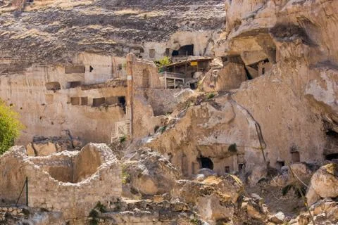 Panoramic view of Hasankeyf ancient cave houses, Turkey Stock Photos