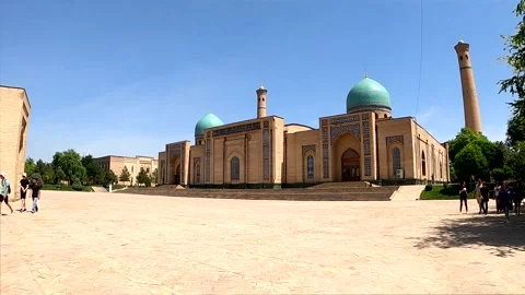 Panoramic view of Hazrati Imam Mosque complex with minarets in Tashkent Stock Footage 335080981