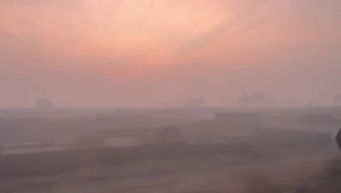 Panoramic view of a hazy rural landscape at sunrise with silhouetted trees Stock Footage 333613455