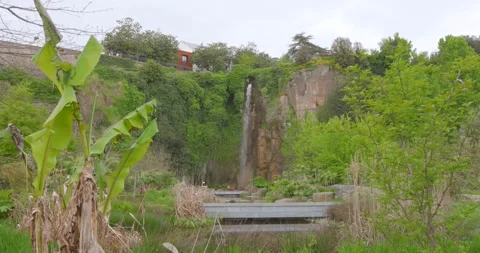Panoramic view of he waterfalls in Extraordinary Garden park at Nantes, Stock Footage 277865275