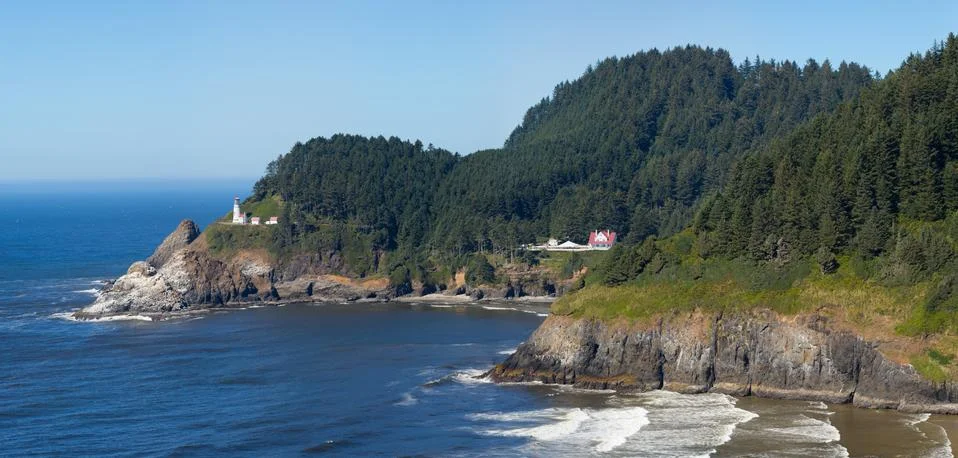 Panoramic View of Heceda Head Light House on the Oregon Coast Stock Photos