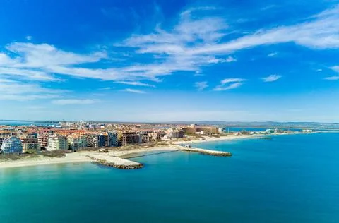 Panoramic view from a height above the town of Pomorie with houses and street Stock-Fotos