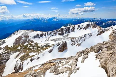 Panoramic view from the height of bird's flight over the mountain ranges an.. Stock Photos