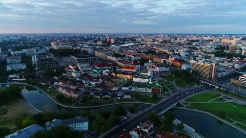 A panoramic view from a height of the city quarters in the center of Minsk, the  Stock-Footage 156300784