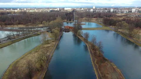 A panoramic view from a height of the ponds and the Landscape Park in Peterhof Stock Footage 169747432