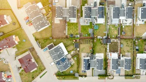 Panoramic view from a height of a private area with residential buildings, ma Stock Photos
