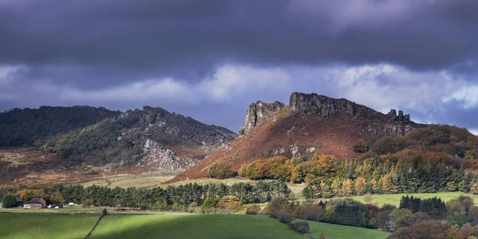 Panoramic view of Hen Cloud and The Roaches in autumn, near Leek, Peak Dis... Stock Photos