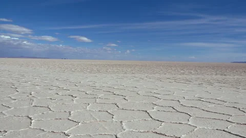 Panoramic view of hexagonal formations on surface of Salar de Uyuni, Bolivia Stock Footage 169076036