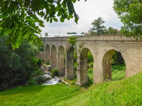 Panoramic view of hidden unknown ancient old Roman Aqueduct Ponte Aquedotto.. Stock Photos