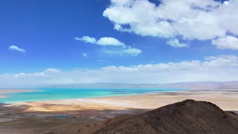 Panoramic View of a High-Altitude Turquoise Lake and Mountains Tibet China Stock Footage 346737646