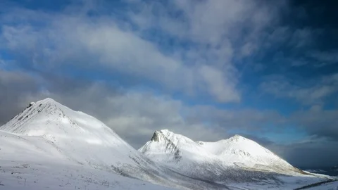 Panoramic view of high altitude winter mountains with cloudy blue sky Stock Footage 121577863