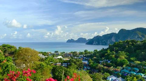 Panoramic view from high angle viewpoint on Phi Phi Island. Stock Photos