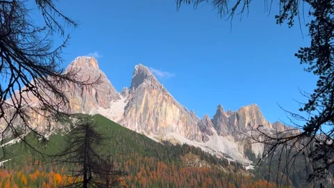 Panoramic view of high mountain peak with clouds in Dolomites, Italy Video stock 342954782
