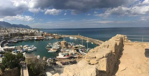 Panoramic view from a high point of the bay of the city of Kyrenia Stock Photos