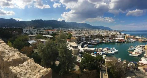Panoramic view from a high point of the bay of the city of Kyrenia Stock Photos