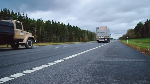 Panoramic view Highway road traffic. Truck TIR transportation cargo Stock Footage 83416328