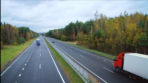 Panoramic view Highway road traffic. Truck TIR transportation cargo Stock Footage 83418224