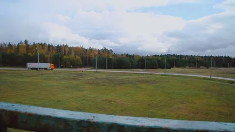 Panoramic view Highway road traffic. Truck TIR transportation cargo Stock Footage 83418407