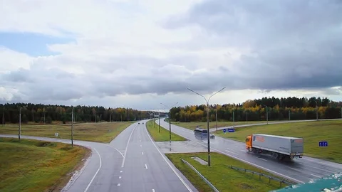 Panoramic view Highway road traffic. Truck TIR transportation cargo Stock Footage 83418498