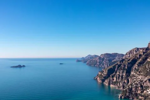 Panoramic view from hiking trail Path of Gods between coastal towns Positan.. Stock Photos